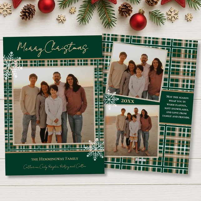 Simply Elegant Green Plaid Snowflakes Christmas Holiday Card (Creator Uploaded)