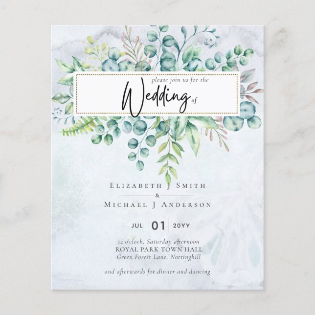 Simply Elegant Grey Blue Eucalyptus BUDGET Invite Flyer (Front)