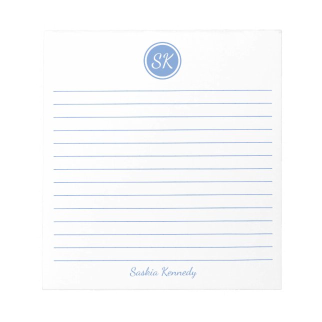 Simply Elegant Light Blue Lined Monogram Name Notepad (Front)