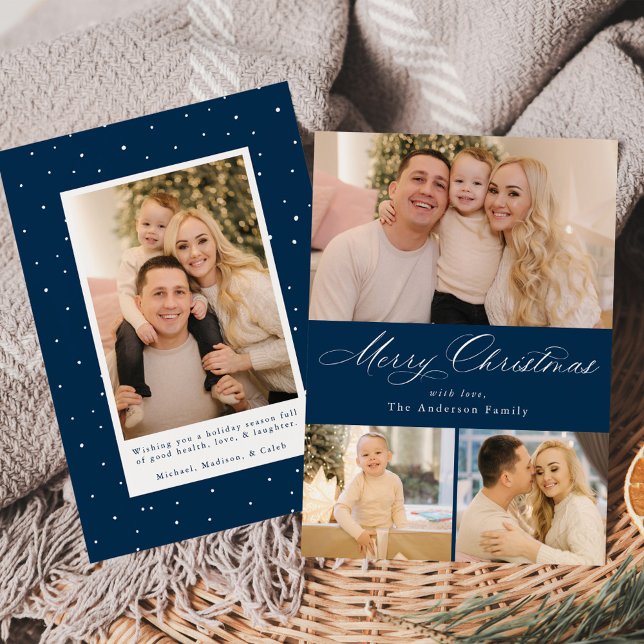 Simply Elegant Merry Christmas Script Navy 4 Photo Holiday Card (Creator Uploaded)