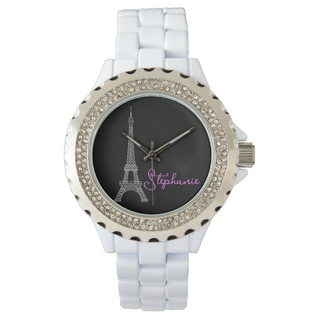 Simply Elegant Paris Eiffel Tower Black Pink Watch (Front)