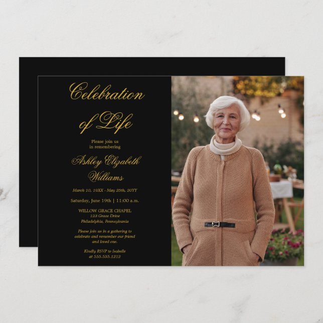 Simply Elegant Photo Black Celebration of Life Invitation (Front/Back)