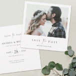 Simply Elegant Photo Wedding Save the Date Invite<br><div class="desc">This simply chic square photo wedding save the date card template features an elegant, minimalist, modern design. Please browse our shop for versions of this design in a rectangular format in flat card, postcard and magnet formats in various colours! The front features your first names under your favourite photo and...</div>