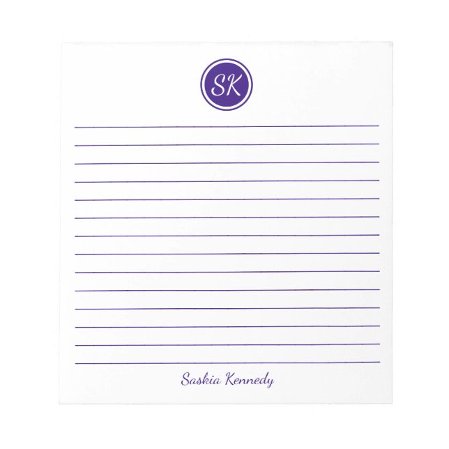Simply Elegant Purple Lined Monogram Name Notepad (Front)
