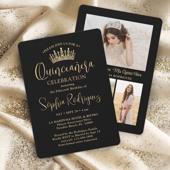 Simply Elegant Quinceañera 3 Photo Black and Gold Invitation (Creator Uploaded)