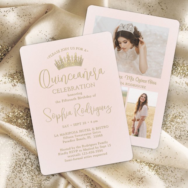 Simply Elegant Quinceañera 3 Photo Blush Pink Invitation (Creator Uploaded)