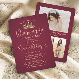 Simply Elegant Quinceañera 3 Photo Burgundy Invitation