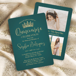 Simply Elegant Quinceañera 3 Photo Green and Gold Invitation