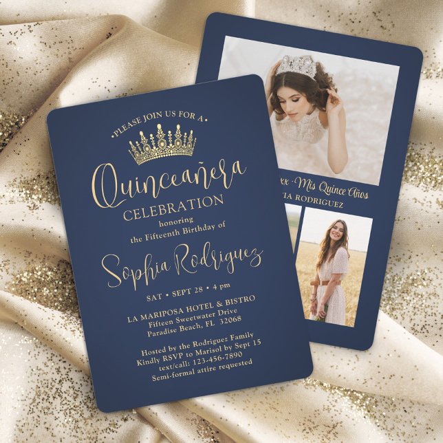 Simply Elegant Quinceañera 3 Photo Navy Blue Gold Invitation (Creator Uploaded)