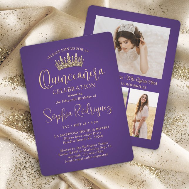 Simply Elegant Quinceañera 3 Photo Purple and Gold Invitation (Creator Uploaded)