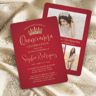 Simply Elegant Quinceañera 3 Photo Red and Gold Invitation