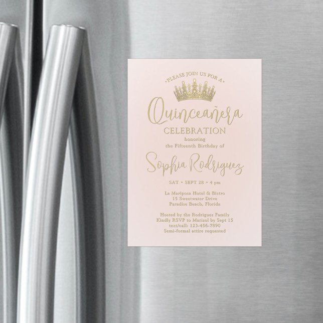 Simply Elegant Quinceañera Crown Blush Pink & Gold Magnetic Invitation (Creator Uploaded)