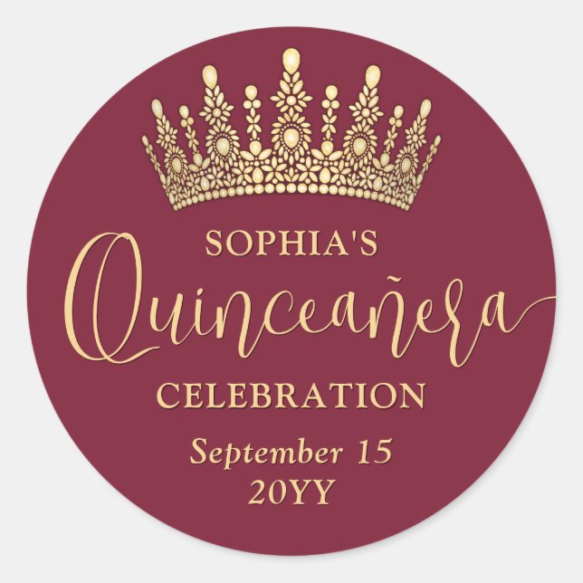 Simply Elegant Quinceañera Crown Burgundy and Gold Classic Round Sticker (Front)