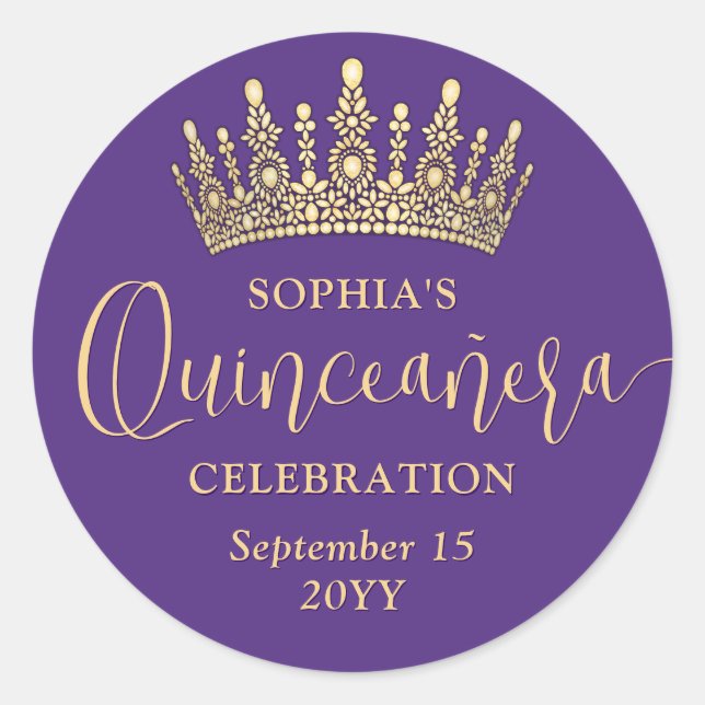 Simply Elegant Quinceañera Crown Purple and Gold Classic Round Sticker (Front)