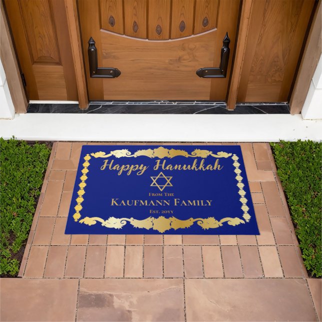 Simply Elegant Snowflakes Happy Hanukkah Name Doormat (Outdoor)