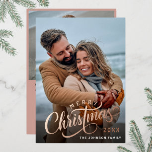 Simply Elegant Sparkle Christmas 2 PHOTO Rose Gold Foil Holiday Card