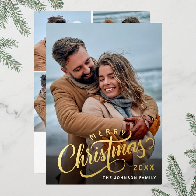 Simply Elegant Sparkle Christmas 5 PHOTO Gold Foil Holiday Card (Creator Uploaded)