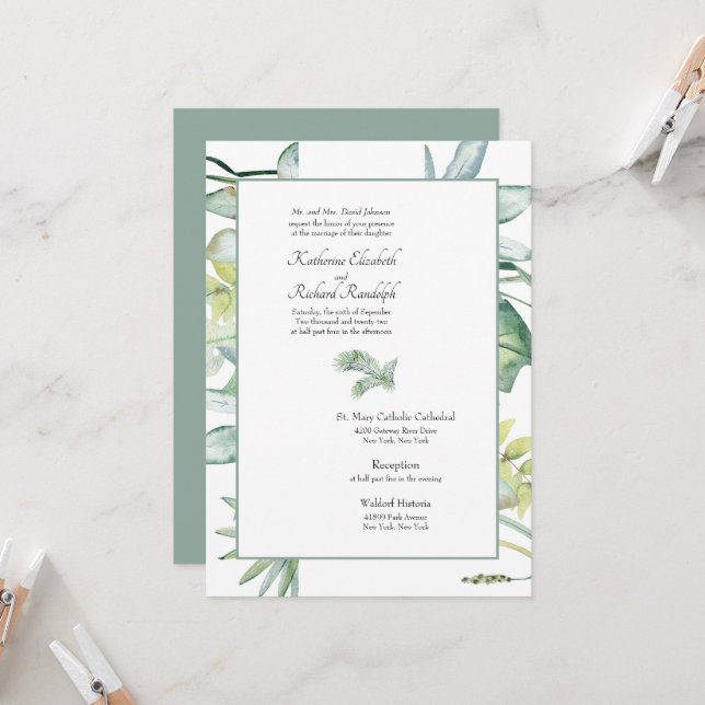 Simply Elegant Tropical Palm Sage Wedding Invitation (Front/Back In Situ)