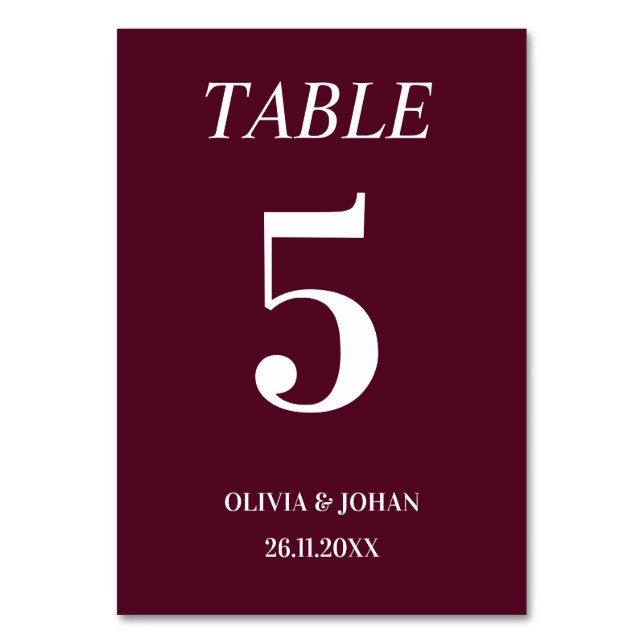 Simply Elegant Typography Burgundy Modern Wedding Table Number (Front)