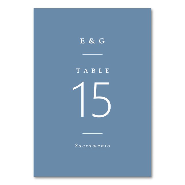 Simply elegant typography dusty blue Wedding Table Number (Front)