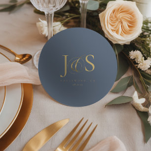 Simply Elegant Wedding Initials Blue ID1022 Round Paper Coaster