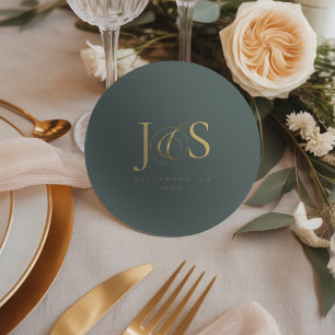 Simply Elegant Wedding Initials Green ID1022 Round Paper Coaster