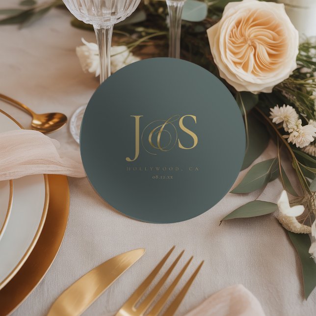 Simply Elegant Wedding Initials Green ID1022 Round Paper Coaster (Creator Uploaded)