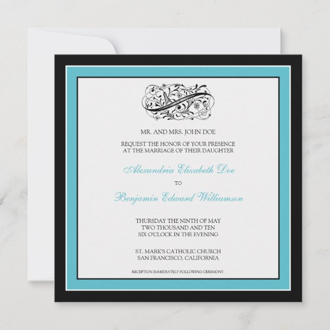 Simply Elegant Wedding Invitation (black/aqua) (Front)
