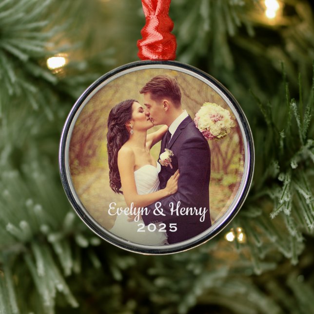 Simply Elegant Wedding Photo White Script Monogram Metal Ornament (Tree)