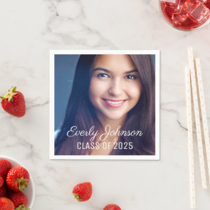 Simply Elegant White Script Photo Graduation Napkin