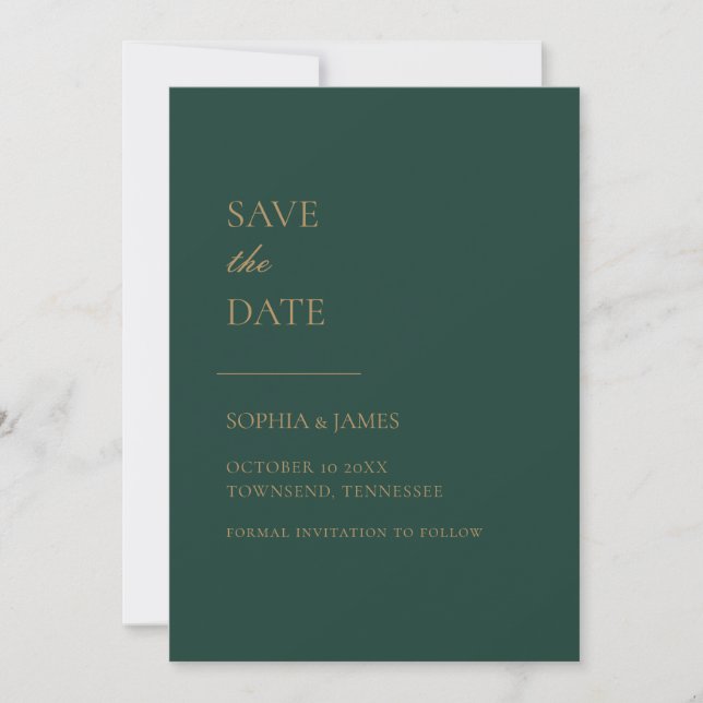 Simply Emerald Green Gold Typography Modern Save The Date (Front)