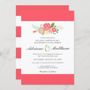 Simply Floral & Stripes Wedding Invitation / Coral