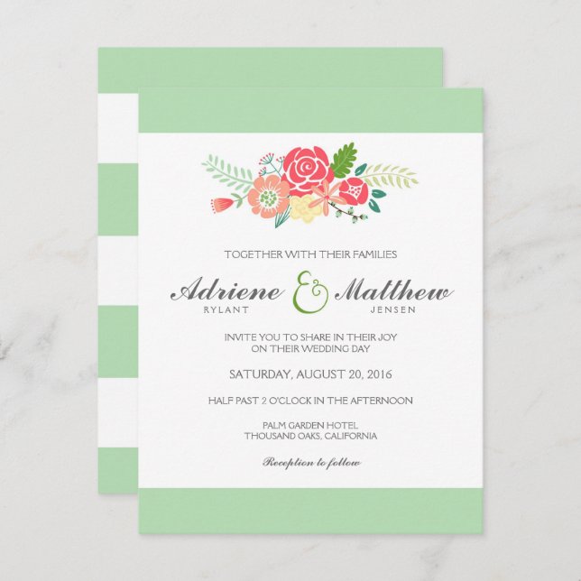 Simply Floral & Stripes Wedding Invitation / Mint (Front/Back)