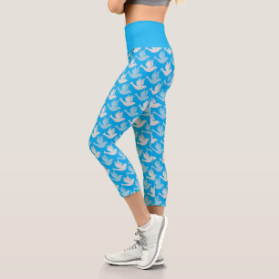 Simply Fun White and Blue Dove Bird Pattern Capri Leggings