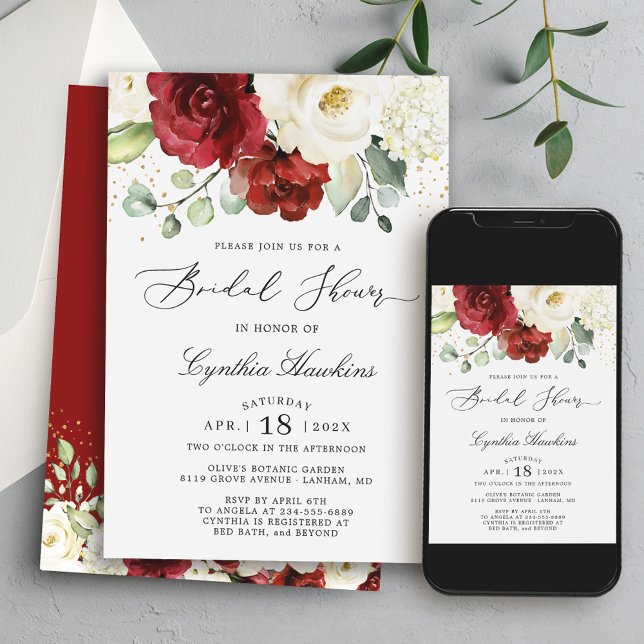 Simply Graceful Red White Floral Bridal Shower Invitation (Create a day of joy and love with this exquisite and customizable invitation!)