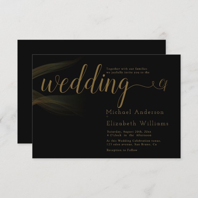 Simply Luxury Black & Gold Calligraphy wedding Invitation (Front/Back)