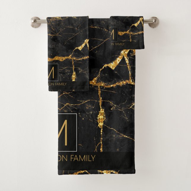 Simply Marble Monogram Black and Gold ID672 Bath Towel Set (Insitu)