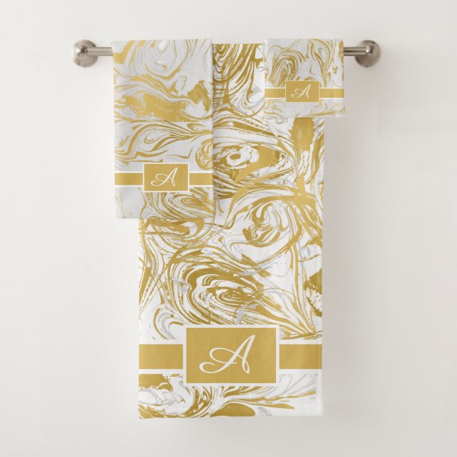 Simply Marble Monogram Gold White Marble  Bath Tow Towel Set (Insitu)
