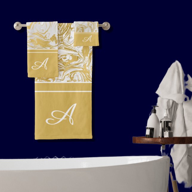 Simply Marble Monogram Gold White Marble   Bath Towel Set (Creator Uploaded)