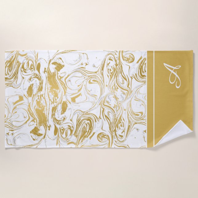 Simply Marble Monogram Gold White Marble   Beach Towel (Front)