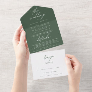 Simply Modern Dark Moss Green Wedding All In One Invitation