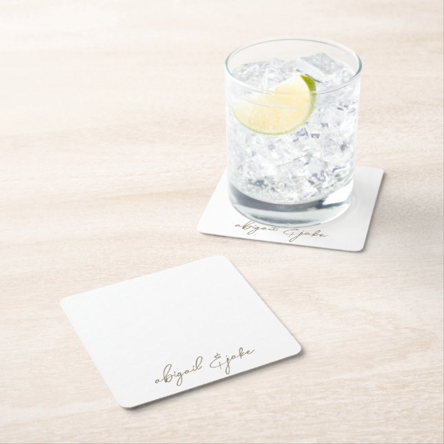 Simply Modern Gold Script Names Wedding  Square Paper Coaster (Insitu)