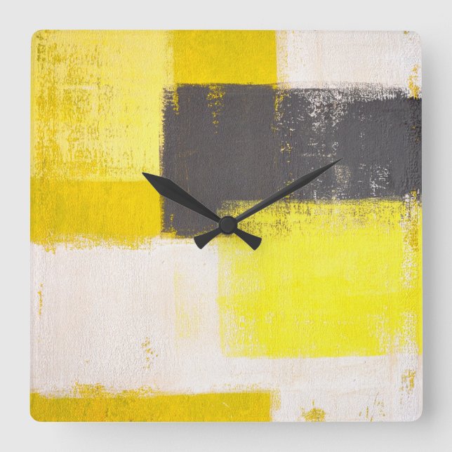 'Simply Modern' Grey and Yellow Abstract Art Clock (Front)