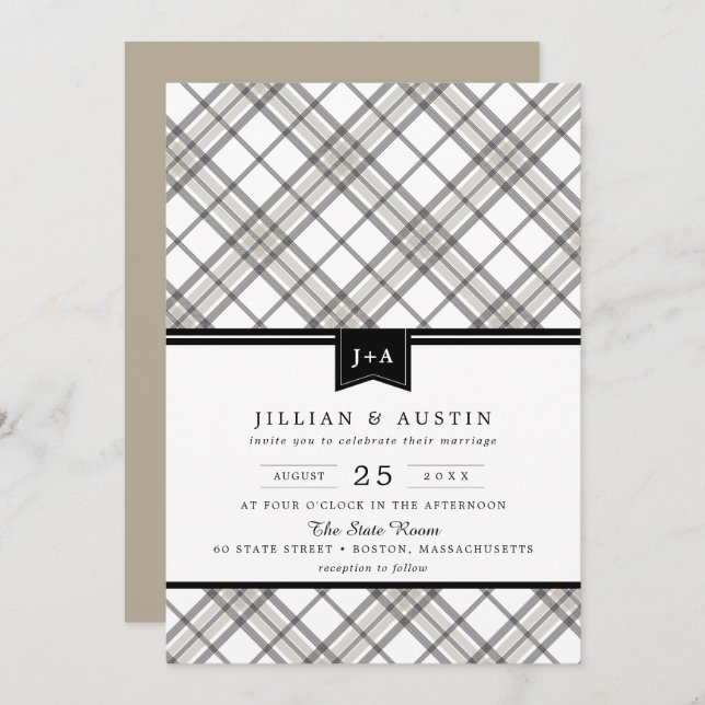 Simply Modern Plaid with Ribbon Monogram Wedding Invitation (Front/Back)