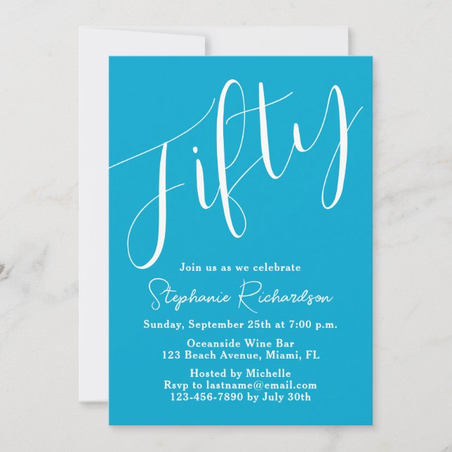 Simply Modern Script Aqua Blue 50th Birthday Invitation (Front)