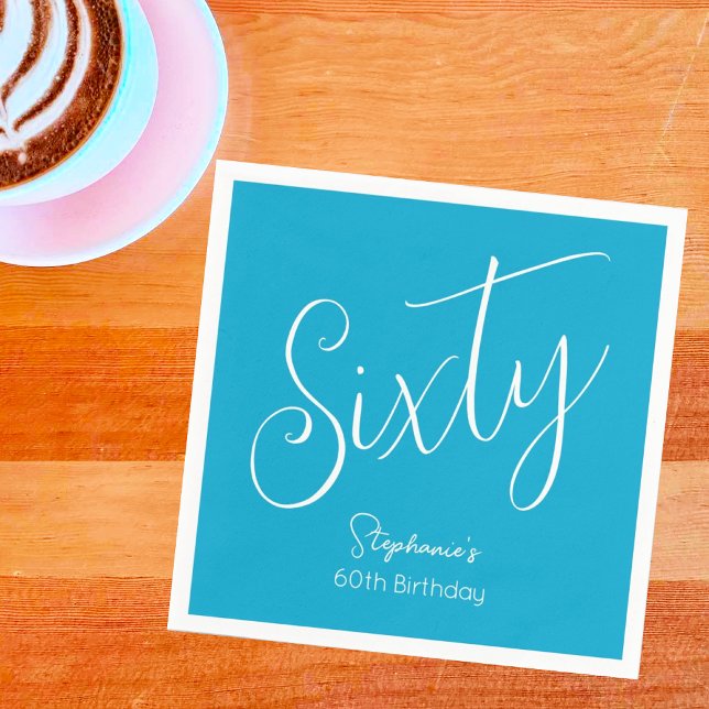 Simply Modern Script Aqua Blue 60th Birthday Party Napkin (Creator Uploaded)