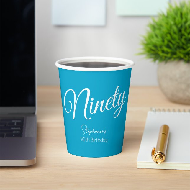 Simply Modern Script Aqua Blue 90th Birthday Party Paper Cups (Insitu)