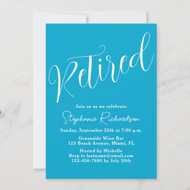 Simply Modern Script Aqua Blue Retirement Invitation (Front)