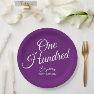 Simply Modern Script Autumn Purple 100th Birthday Paper Plate