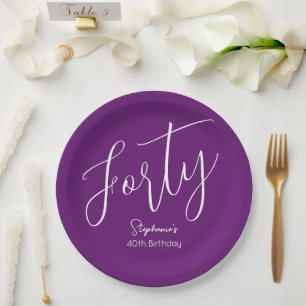 Simply Modern Script Autumn Purple 40th Birthday Paper Plate